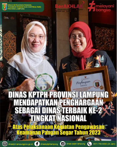 Dinas Ketahanan Pangan, Tanaman Pangan dan Hortikultura Provinsi Lampung meraih Penghargaan dari Kepala Badan Pangan Nasional sebagai Dinas Terbaik Ke-2 Tingkat Nasional